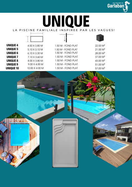 UNIQUE : Piscine Coque rectangulaire à fond plat disponible en 7 dimensions