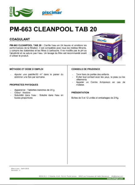 Cleanpool TAB 20 de Piscimar - Clarifiant en pastilles Clarifie l'eau en 24 heures aux piscines du Garlaban à la Penne sur Huveaune
