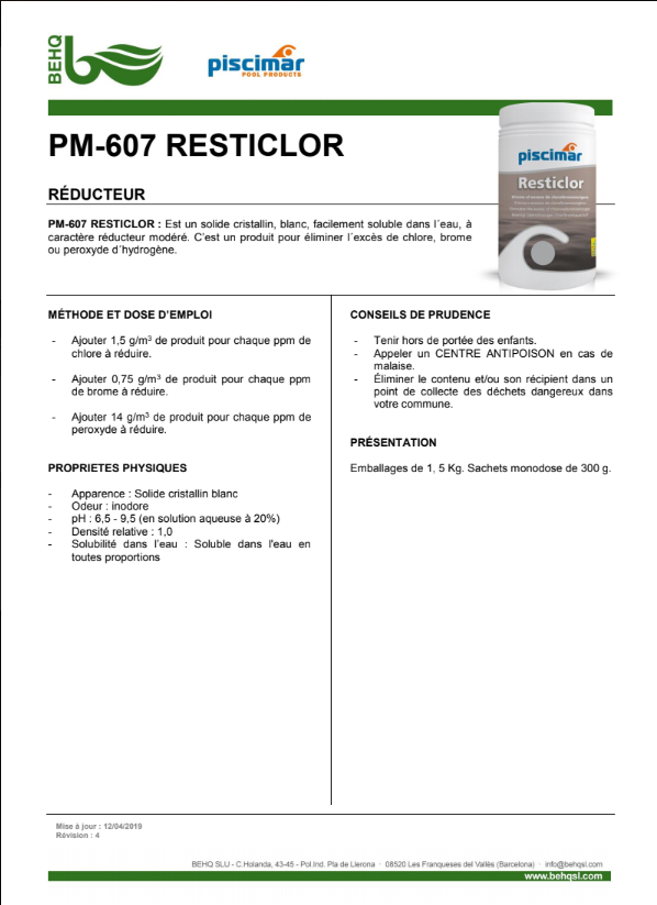 Resticlor - Elimine le chlore dans la piscine aux Piscines du Garlaban à la Penne sur Huveaune